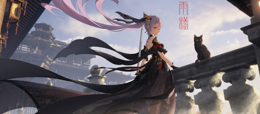 1girl absurdres alternate_costume alternate_hair_length alternate_hairstyle ame999 architecture backless_dress backless_outfit black_cat black_dress black_ribbon black_thighhighs cat chinese_commentary cloud commentary_request dress east_asian_architecture floating_hair genshin_impact hair_ornament hair_ribbon highres holding holding_sword holding_weapon keqing_(genshin_impact) long_hair outdoors reverse_grip ribbon seal_script sky solo standing sword thighhighs translation_request twintails very_long_hair weapon