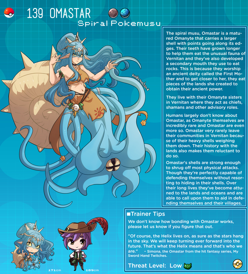 animal_humanoid anthro blue_hair breasts chibi clothed clothing female fossil_pokemon generation_1_pokemon hair hi_res human humanoid kinkymation male mammal marine mollusk mollusk_humanoid nintendo omastar pokemon pokemon_(species) pokemorph shell tentacles text