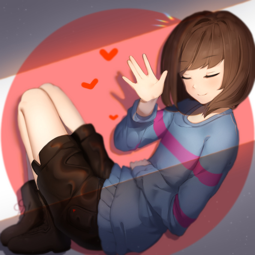 1other bangs bloom blue_sweater boots bow brown_bow brown_footwear brown_hair brown_shorts closed_eyes closed_mouth english_commentary footwear_bow frisk_(undertale) grey_background hand_on_own_stomach hand_up heart light long_sleeves lying on_side pink_background pocket puffy_long_sleeves puffy_sleeves sasoura shadow short_hair shorts single_stripe smile solo striped striped_sweater sweater undertale white_background