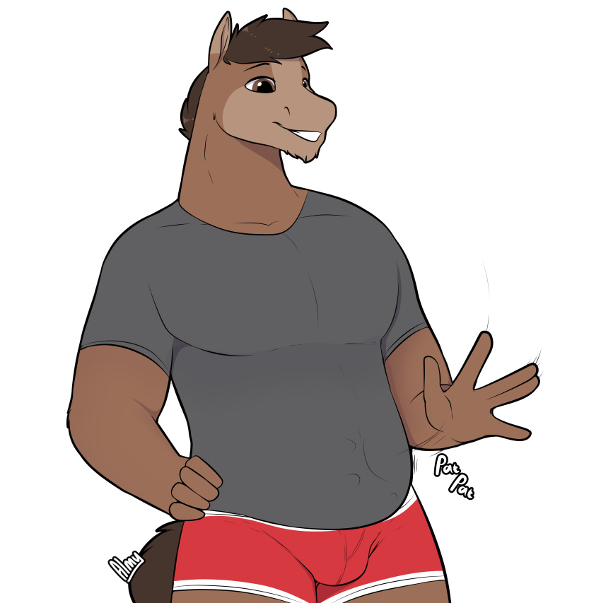 5_fingers absurd_res almy anthro brick_heartstone briefs bulge chubby_anthro chubby_male clothing digital_media_(artwork) equid equine fingers grey_clothing grey_shirt grey_topwear hair hand_on_hip hi_res horse impact_lines male mammal open_hand patting_belly red_briefs red_clothing red_underwear shirt signature simple_background smile solo standing text topwear underwear white_background