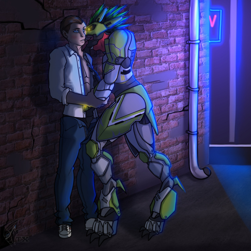 1:1 3_toes against_surface against_wall alien alien_humanoid alley ambiguous_gender arm_grab armor avian blue_eyes bottomwear brown_hair clothed clothing colored crotch_grab duo feathered_crest feathers feet female_(lore) footwear glowing glowing_eyes green_body green_feathers grope hair halo_(series) hand_in_pants head_crest hi_res human human_on_humanoid humanoid interspecies kig-yar licking male male/ambiguous mammal microsoft neck_lick neon_lights neon_sign neonyx open_bottomwear open_clothing open_pants open_shirt open_topwear pants scalie shaded shirt shoes short_tail sign standing t'vaoan tail toes tongue tongue_out topwear underwear xbox_game_studios