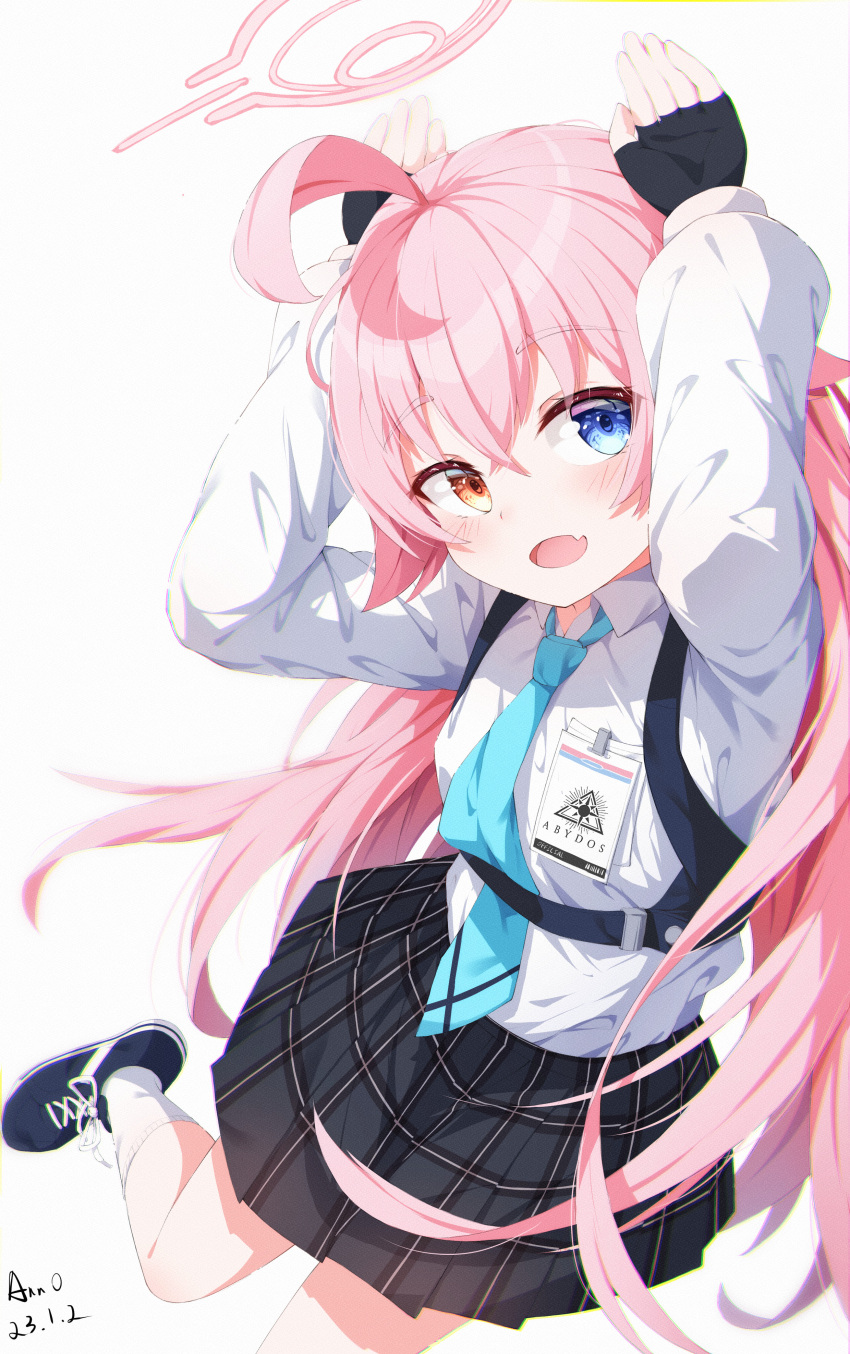 1girl absurdres ahoge anno_(yukikaze_08) arms_up artist_name black_footwear black_gloves black_skirt blue_archive blue_eyes dated fingerless_gloves gloves grey_background halo heterochromia highres hoshino_(blue_archive) long_hair long_sleeves looking_at_viewer open_mouth pink_hair plaid plaid_skirt revision shirt shoes simple_background skirt socks white_shirt white_socks yellow_eyes