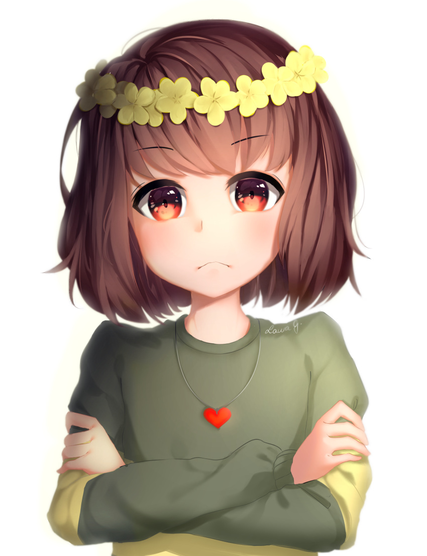 1other absurdres artist_name bangs blush brown_hair chara_(undertale) closed_mouth crossed_arms english_commentary flower green_sweater hands_up head_wreath heart heart_necklace highres jewelry long_sleeves looking_at_viewer necklace puffy_long_sleeves puffy_sleeves red_eyes sasoura short_hair simple_background single_stripe solo standing striped striped_sweater sweater undertale v-shaped_eyebrows white_background yellow_flower