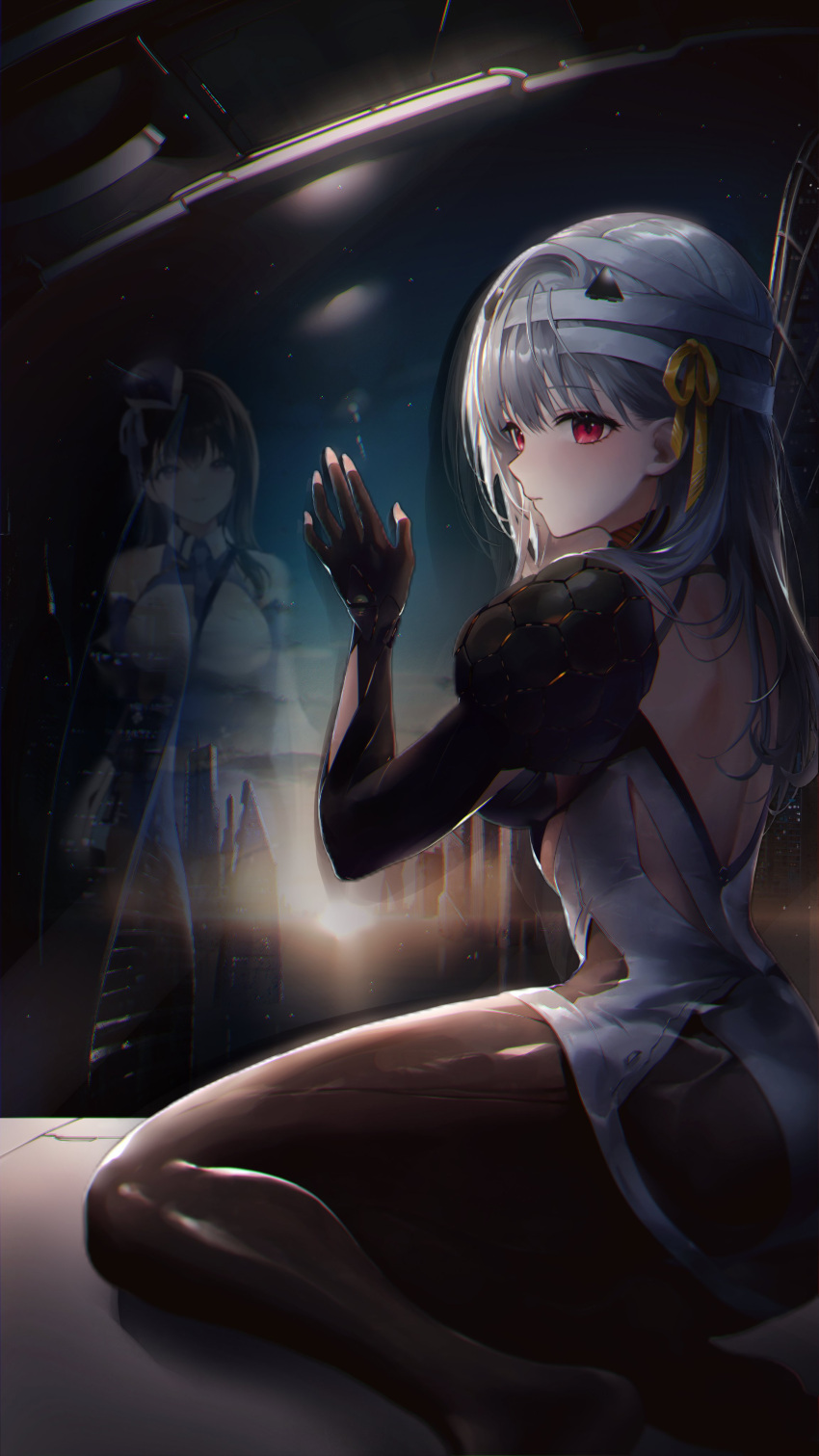 2girls absurdres armor backless_outfit bandaged_head bandages black_bodysuit black_gloves blush bodysuit breasts cityscape closed_mouth commentary different_reflection dual_persona expressionless feet_out_of_frame fingerless_gloves from_behind glass gloves goddess_of_victory:_nikke grey_hair hair_ribbon highres leotard long_hair looking_at_viewer looking_back marian_(nikke) medium_breasts modernia_(nikke) multiple_girls myoushun red_eyes reflection ribbon shoulder_armor sitting solo_focus sunrise symbol-only_commentary white_leotard yellow_ribbon