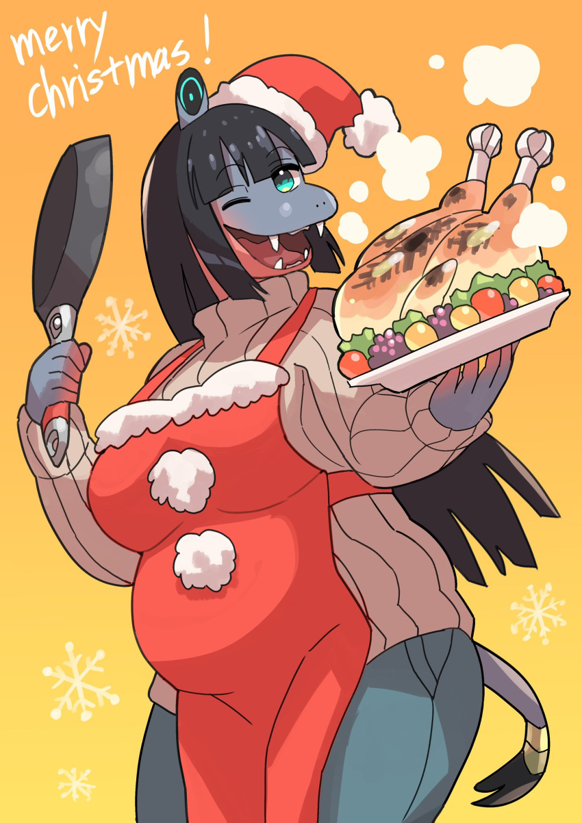 anthro apron big_breasts boutarou_rx_78 breasts chicken_meat christmas christmas_clothing christmas_headwear clothed clothing common_hippopotamus egyptian_mythology female food hat headgear headwear hi_res hippopotamid holidays mammal meat middle_eastern_mythology mythology overweight overweight_anthro overweight_female santa_hat solo taweret