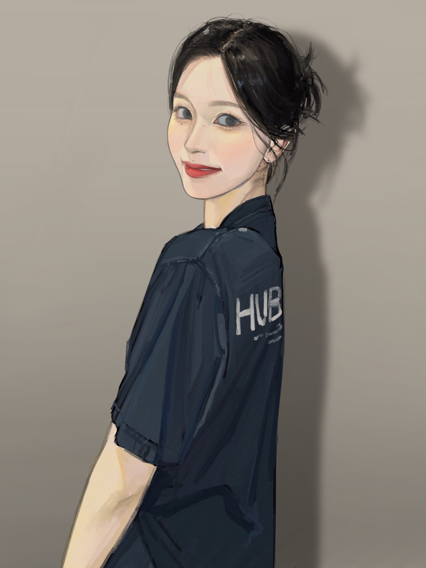 1girl absurdres bangs black_eyes black_hair black_shirt buerhua from_side grey_background hair_behind_ear highres k-pop looking_at_viewer mina_(twice) mole mole_above_mouth mole_under_eye parted_bangs procreate_(medium) real_life realistic red_lips shadow shirt smile solo twice_(group)