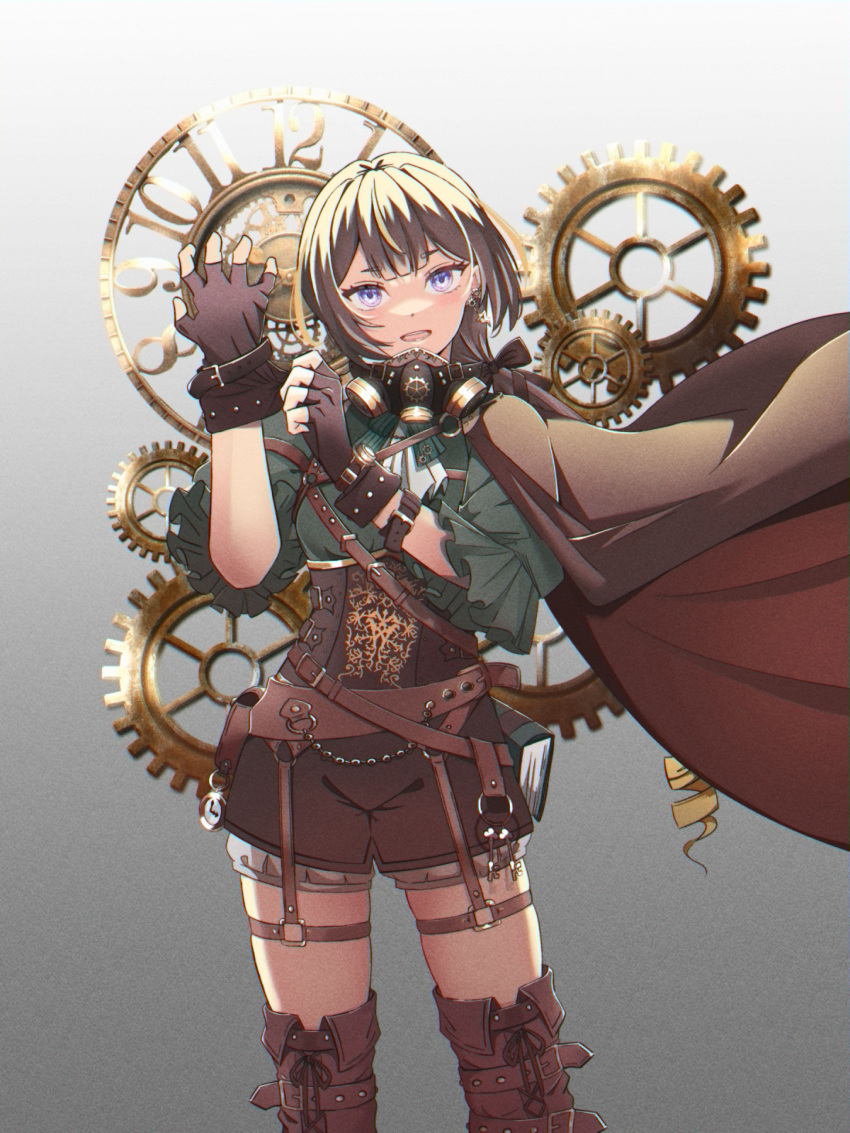 1girl absurdres alternate_costume anya_melfissa ascot bangs brown_cape brown_gloves brown_hair brown_shorts brown_thighhighs cape corset cowboy_shot fingerless_gloves frilled_sleeves frills gear_earrings gears gloves gradient gradient_background green_shirt highres hololive hololive_indonesia looking_at_viewer mask open_mouth puffy_short_sleeves puffy_sleeves purple_eyes putting_on_gloves raikkonen shirt short_sleeves shorts solo standing steampunk thighhighs virtual_youtuber