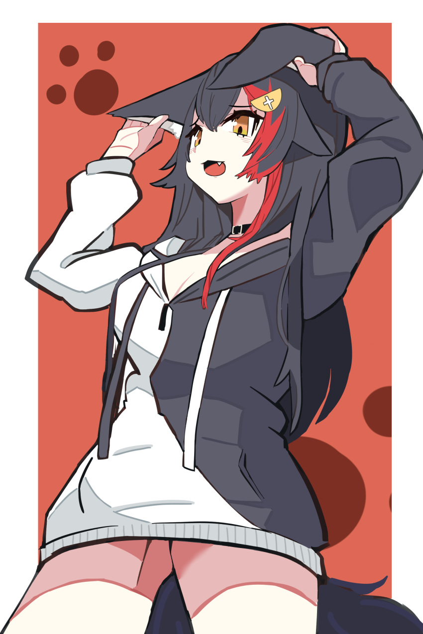 1girl absurdres animal_ears animal_hands bangs black_choker black_hair black_hoodie border breasts choker cleavage dog_paws fang hair_between_eyes hair_ornament hairclip highres holding_ears hololive hood hoodie large_breasts long_sleeves looking_at_viewer multicolored_hair ookami_mio open_mouth red_border red_hair simple_background solo streaked_hair tail thighs two-tone_hoodie virtual_youtuber white_hoodie wolf_ears wolf_girl wolf_tail xvb259 yellow_eyes