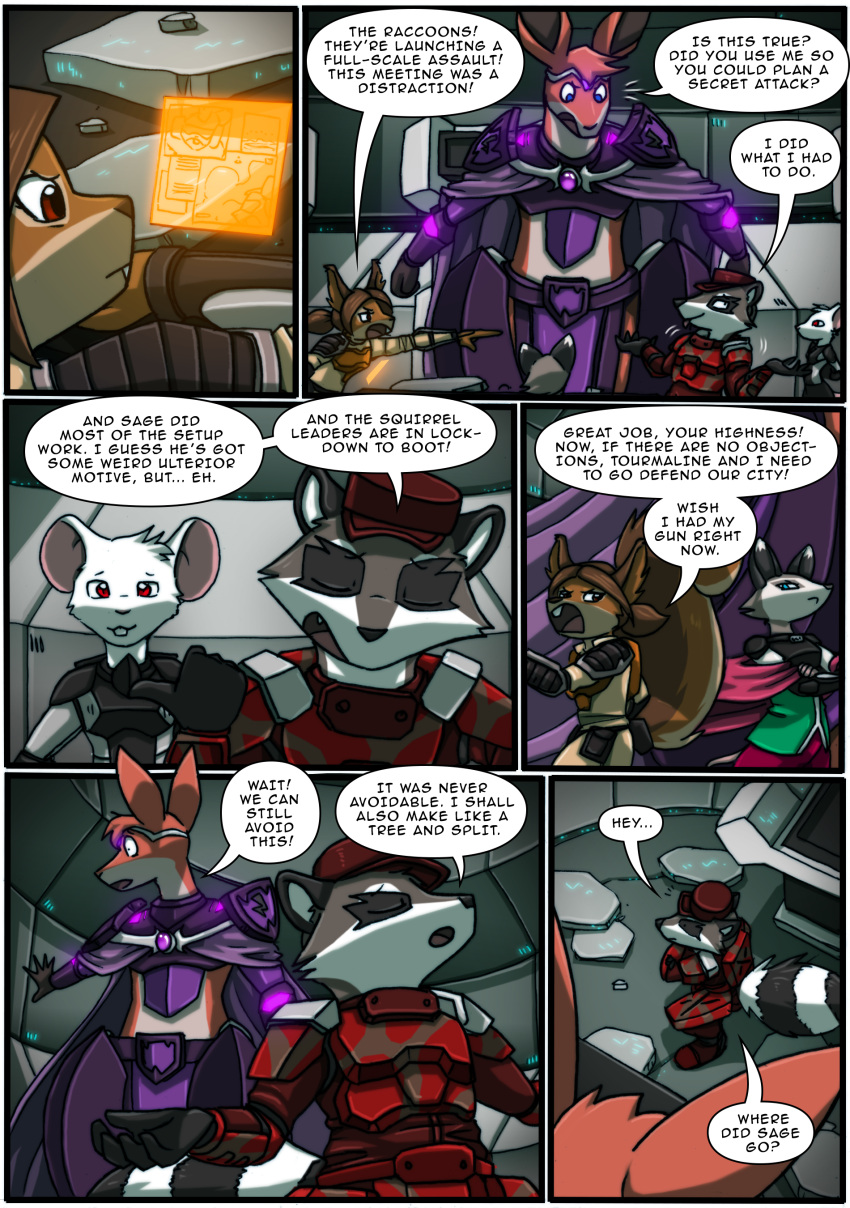 absurd_res anthro armor clothing comic crown didelphid english_text female hi_res in_our_shadow inside kangaroo kitfox-crimson macropod male mammal marsupial murid murine procyonid raccoon rat rodent russet_(kitfox-crimson) sage_(kitfox-crimson) sciurid size_difference sodalite_(kitfox-crimson) storm_(kitfox-crimson) text tourmaline_(kitfox-crimson) tree_squirrel