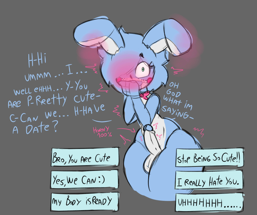 absurd_res animatronic anthro balls blue_body blue_hair blush bow_tie covering covering_mouth cumlord dialogue erection eyelashes five_nights_at_freddy's five_nights_at_freddy's_2 freckles genitals green_eyes grey_background hair hair_over_eye hi_res lagomorph leporid looking_at_viewer machine male mammal nude one_eye_obstructed penis rabbit robot rosy_cheeks scottgames simple_background solo talking_to_viewer text thick_thighs toy_bonnie_(fnaf) white_body wide_hips