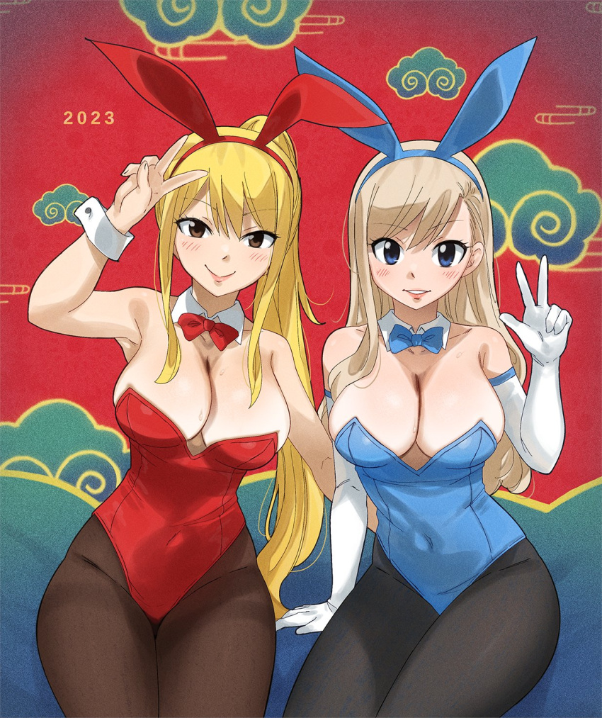 2023 2girls animal_ears arm_support black_pantyhose blonde_hair blue_eyes blue_leotard blush breasts brown_eyes cleavage closed_mouth commentary covered_navel creator_connection crossover detached_collar eden's_zero elbow_gloves fairy_tail fake_animal_ears gaston18 gloves highleg highleg_leotard highres large_breasts leotard long_hair looking_at_viewer lucy_heartfilia multiple_girls pantyhose playboy_bunny ponytail rabbit_ears rebecca_bluegarden red_leotard sitting smile solo spanish_commentary v w white_gloves wrist_cuffs