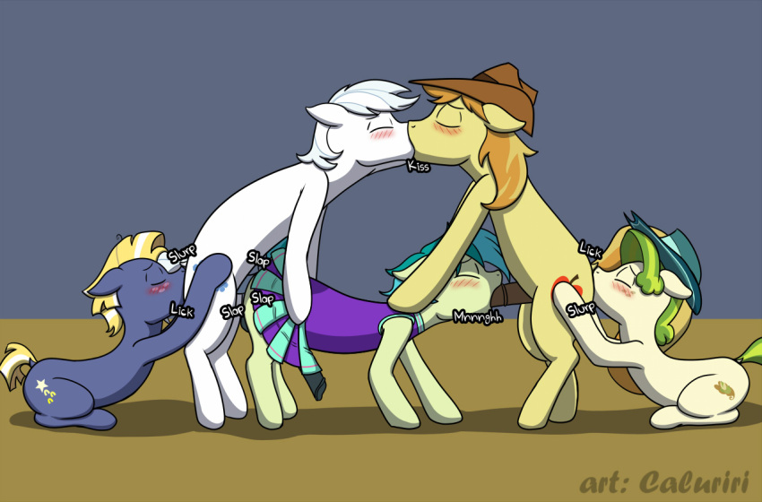 2020 age_difference anal anal_penetration artist_name blonde_hair blue_body blush braeburn_(mlp) caluriri cheerleader_outfit clothed clothing crossdressing digital_drawing_(artwork) digital_media_(artwork) double_diamond_(mlp) earth_pony equid equine eyes_closed fellatio feral feral_on_feral feral_penetrated feral_penetrating feral_penetrating_feral fivesome friendship_is_magic genitals green_body green_hair group group_sex hair hasbro hat headgear headwear horse kiss_on_lips kissing male male/male mammal my_little_pony older_male oral oral_penetration orgy penetration penile penis pistachio_(mlp) pony rimming sandbar_(mlp) sex simple_background spitroast star_tracker_(mlp) tan_body threesome triangle_position white_body white_hair yellow_body younger_male