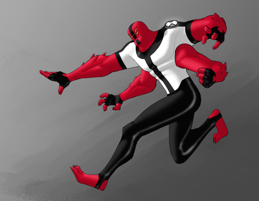 2_toes 4_arms 4_eyes 4_fingers absurd_res alien alien_humanoid ben_10 ben_tennyson biceps biped cartoon_network clothed clothing digital_media_(artwork) featureless_eyes feet fingers fist fourarms fully_clothed glistening glistening_clothing head_markings hi_res humanoid lumen_fox male markings multi_arm multi_eye multi_limb no_irises no_pupils noseless not_furry omnitrix orange_eyes plantigrade red_body red_skin simple_background skinsuit solo tetramand tight_clothing toes