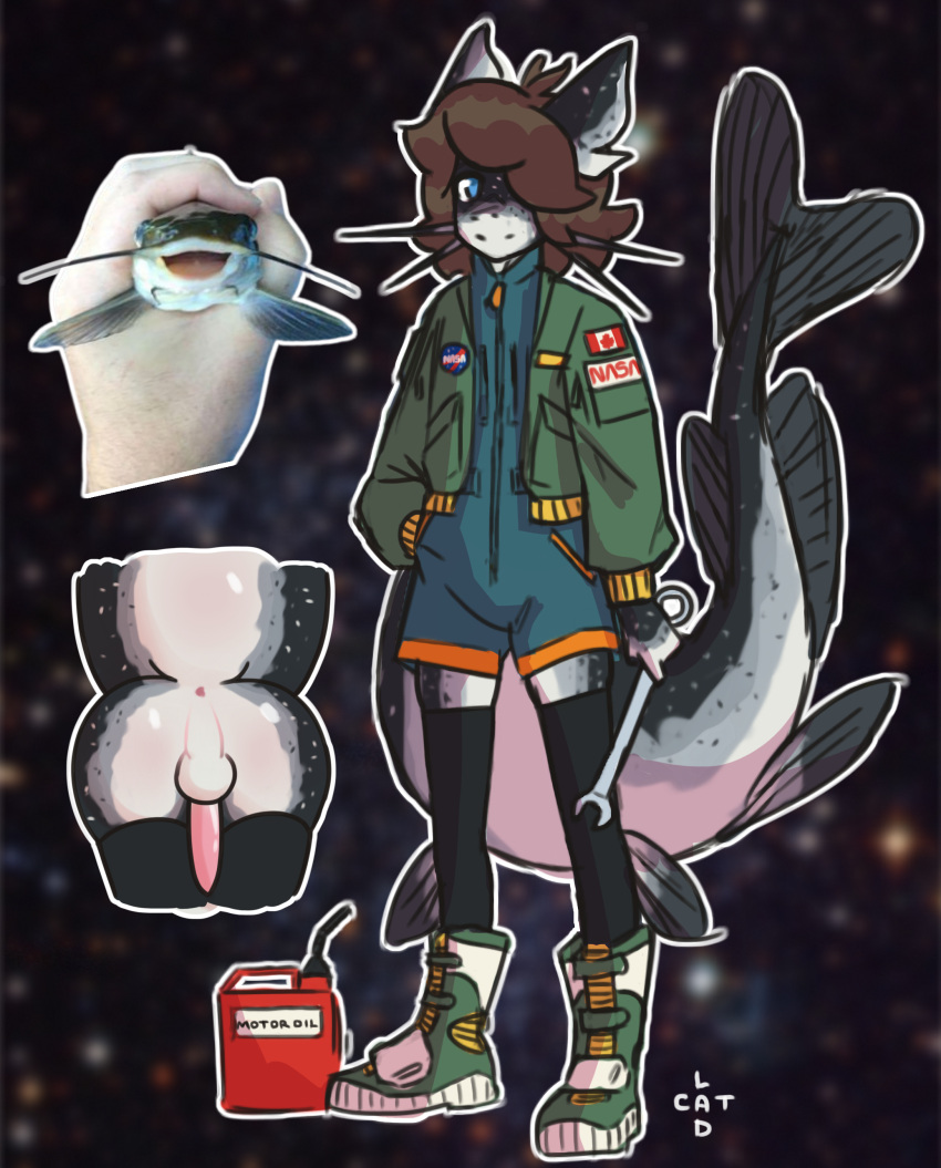 absurd_res anthro black_body blue_eyes bomber_jacket boots brown_hair butt canada_flag catfish catlad clothing coveralls fin fish footwear genitals hair hi_res jumpsuit legwear male marine multicolored_body nasa otto_(catlad) overalls penis pink_penis science_fiction solo thigh_highs tools two_tone_body whiskers white_body wrench