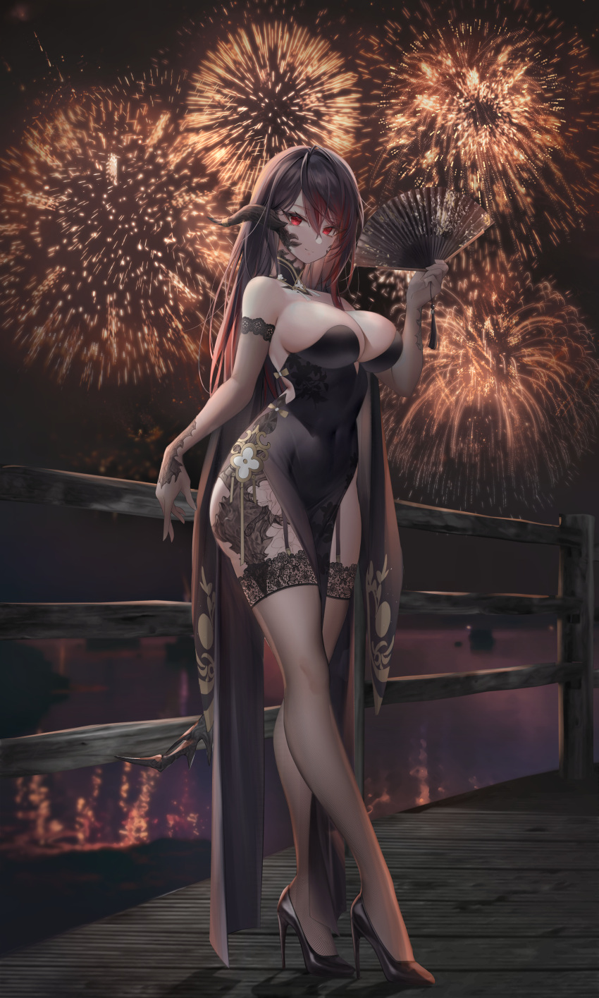 absurdres au_ra china_dress chinese_clothes dress elbow_gloves final_fantasy final_fantasy_xiv gloves high_heels highres horns no_bra red_eyes see-through thighhighs whois