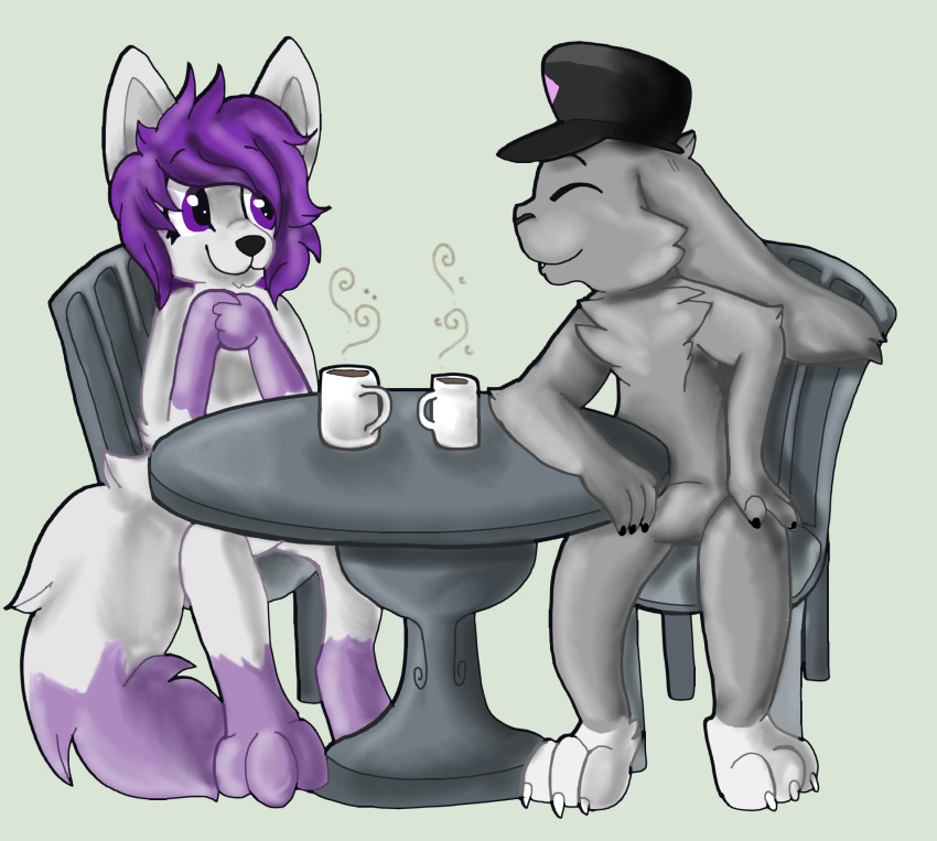 anthro bavillabunn3 beverage canid canine canis clothed clothing coffee date digital_media_(artwork) duo female fur grey_body grey_fur hair hi_res lagomorph leporid male male/female mammal purple_body purple_fur rabbit simple_background smile whattheflup wolf