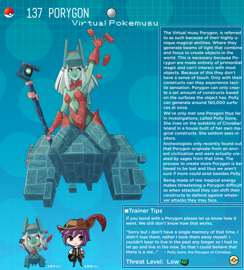 armor breasts chibi clothed clothing female generation_1_pokemon hair headgear headwear helmet hi_res human humanoid kinkymation male mammal nintendo pokemon pokemon_(species) pokemorph porygon staff text white_hair