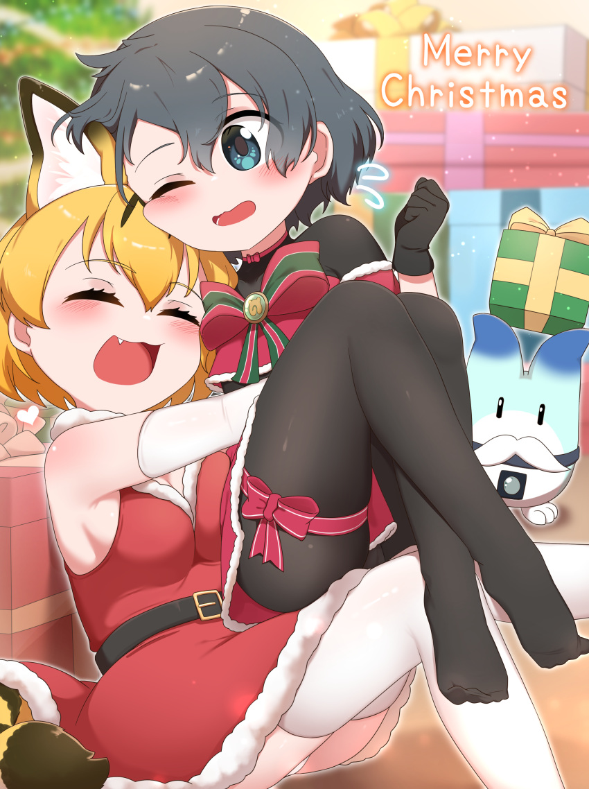 2girls :3 :d absurdres animal_ears bangs belt black_belt black_gloves black_hair black_pantyhose black_shirt blonde_hair blue_eyes blurry blurry_background blush bow breasts chis_(js60216) christmas closed_eyes commentary depth_of_field dress english_text extra_ears fake_facial_hair fake_mustache fang flying_sweatdrops fur-trimmed_dress fur_trim gift gloves heart highres hug hug_from_behind japari_symbol kaban_(kemono_friends) kemono_friends leg_ribbon looking_at_another lucky_beast_(kemono_friends) merry_christmas multiple_girls off-shoulder_shirt off_shoulder one_eye_closed panties pantyhose pantyshot red_bow red_ribbon ribbon santa_dress serval_(kemono_friends) shirt short_dress short_hair sitting sitting_on_person sleeveless sleeveless_dress small_breasts smile striped_tail tail thigh_ribbon thighhighs underwear white_panties white_thighhighs yuri
