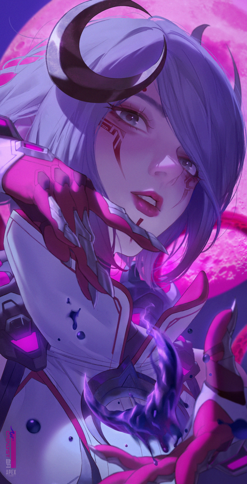 1girl absurdres apex_legends bangs blood_moon_catalyst catalyst_(apex_legends) chinese_commentary crescent crescent_hair_ornament from_side gloves grey_eyes grey_hair hair_ornament highres jacket looking_at_viewer official_alternate_costume parted_lips purple_gloves short_hair solo vocky white_jacket