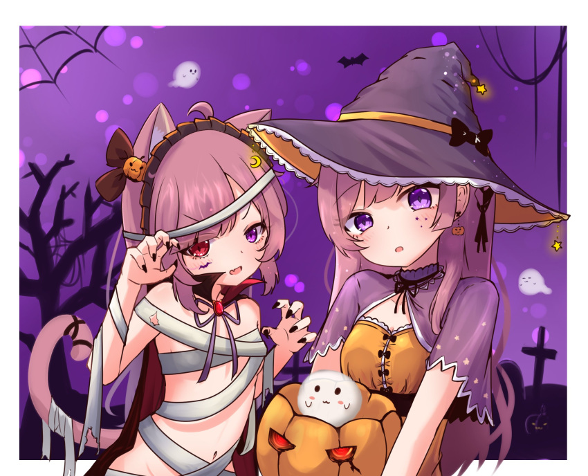 2girls animal_ears bangs bare_shoulders bare_tree border brooch cape cat_ears cat_tail cross detached_collar dual_persona earrings fandead_(uruha_rushia) flat_chest food food-themed_earrings food-themed_hair_ornament ghost graveyard hair_ornament halloween halloween_costume hands_up heterochromia highres holding holding_food holding_pumpkin holding_vegetable indie_virtual_youtuber jack-o'-lantern jewelry lace-trimmed_collar lace_trim long_hair mikeneko_(utaite) milk_tea_1993 multiple_girls mummy_costume nail_polish navel niconico pumpkin pumpkin_earrings pumpkin_hair_ornament purple_eyes purple_sky red_eyes sidelocks spider_web_background tail tree upper_body vegetable white_border witch