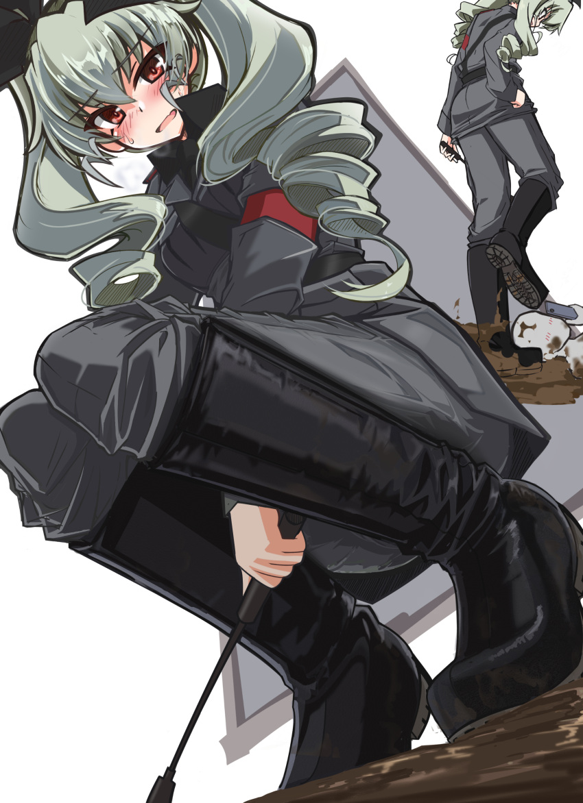 1girl 1other absurdres anchovy_(girls_und_panzer) anzio_military_uniform bangs belt black_belt black_footwear black_necktie black_ribbon black_shirt blush boots cellphone commentary_request dress_shirt drill_hair girls_und_panzer green_hair grey_jacket grey_pants hair_ribbon highres holding holding_phone isofude jacket knee_boots long_hair long_sleeves looking_at_viewer military military_uniform mud necktie open_mouth pants partial_commentary phone red_eyes ribbon riding_crop sam_browne_belt shirt smartphone smile squatting standing sweatdrop textless_version twin_drills twintails uniform walking wing_collar