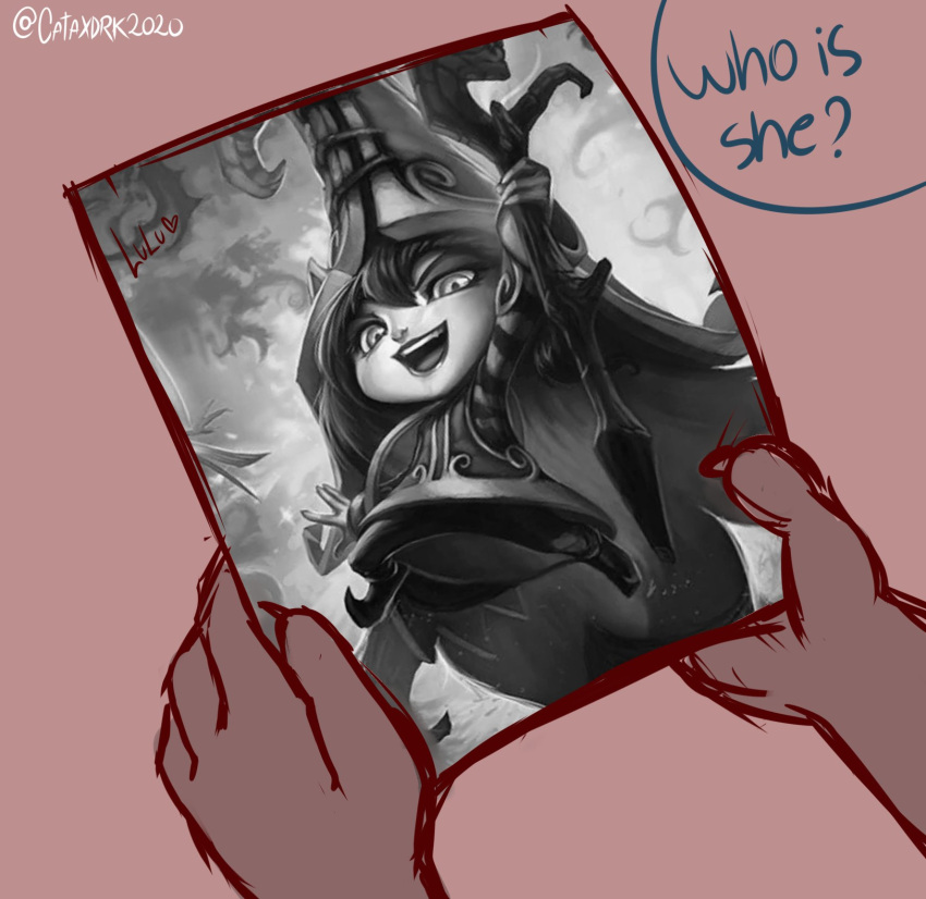 ambiguous_gender anthro cataxdrk2020 claws dialogue english_text hi_res holding_photo league_of_legends lulu_(lol) mostly_offscreen_character offscreen_character photo riot_games simple_background text watermark yordle