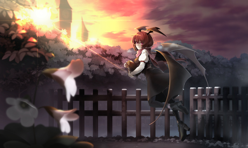 1girl absurdres bat_wings black_footwear black_skirt black_thighhighs black_vest black_wings blurry blurry_foreground blush book book_hug boots breasts cloud cloudy_sky colored_eyelashes commentary_request eyelashes fence floating flower hair_between_eyes head_wings high_heel_boots high_heels highres holding holding_book juliet_sleeves koakuma light_smile long_sleeves looking_at_viewer looking_to_the_side medium_breasts object_hug outdoors puffy_sleeves red_armband red_eyes red_hair red_scarf scarf scarlet_devil_mansion shot_(shot0598) skirt sky slit_pupils socks socks_over_thighhighs solo sunset thighhighs touhou transparent_wings tree vest white_socks wings zipper_footwear