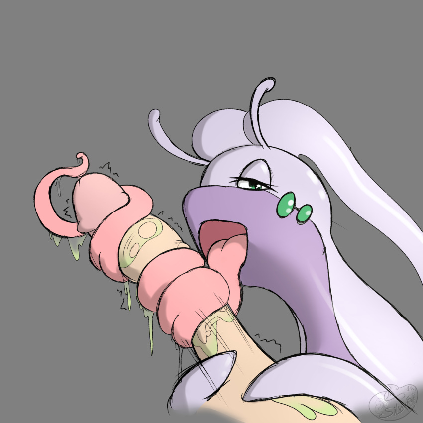 anthro bodily_fluids disembodied_penis duo erection eyelashes fellatio female generation_6_pokemon genitals goodra half-closed_eyes hi_res humanoid_genitalia humanoid_penis interspecies long_tongue looking_at_viewer male male/female narrowed_eyes nintendo open_mouth oral penile penis pokemon pokemon_(species) pokephilia saliva saliva_on_penis sex silverfox057 simple_background solo_focus tongue tongue_out tonguejob