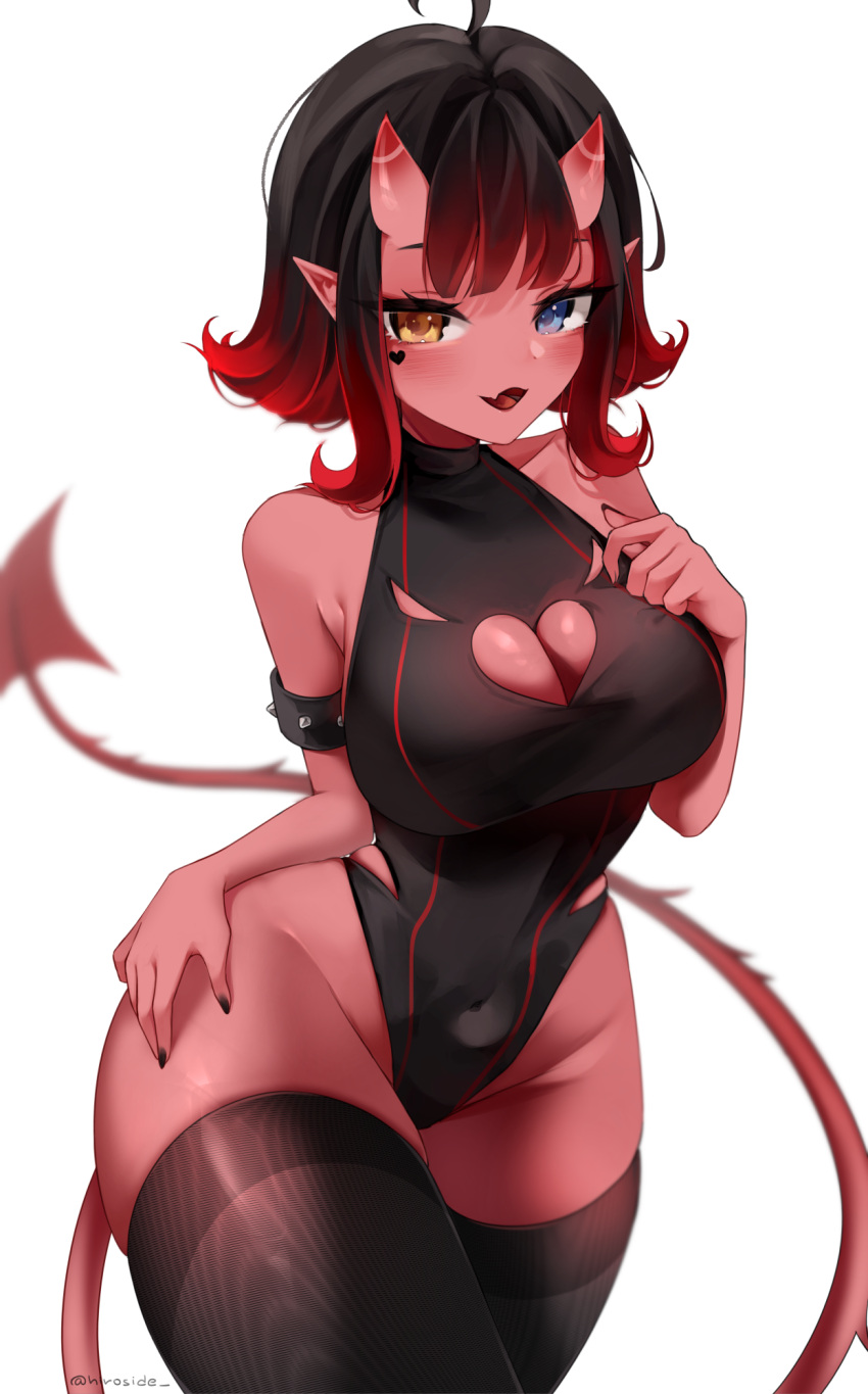 1girl ahoge black_hair black_thighhighs blue_eyes blush breasts cleavage cleavage_cutout clothing_cutout colored_skin demon_girl demon_horns demon_tail facial_mark fang gradient_hair heterochromia high_ponytail highres hiroside horns large_breasts looking_at_viewer love_dive_online medium_hair multicolored_hair open_mouth pointy_ears red_hair red_skin rin_(cutierin) skin_fang solo tail thighhighs virtual_youtuber white_background yellow_eyes