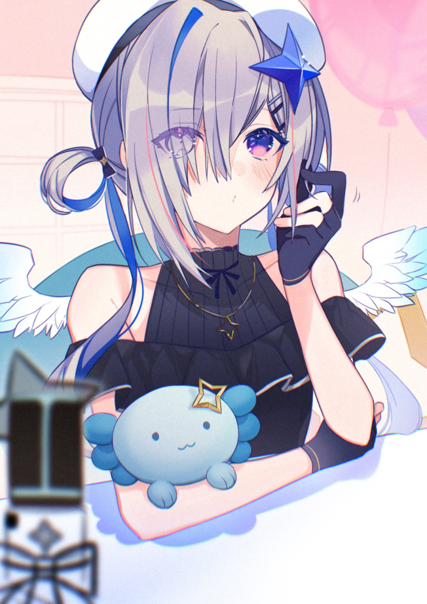 1girl amane_kanata angel_wings bare_shoulders beret black_dress black_gloves blue_hair blush colored_inner_hair creature dress elbows_on_table feathered_wings frilled_dress frills gloves grey_hair hair_ornament hairclip hat head_rest highres holding holding_creature hololive indoors jewelry long_hair low_twintails multicolored_hair necklace nervous official_alternate_hair_length official_alternate_hairstyle partially_fingerless_gloves puckered_lips purple_eyes scratching_cheek single_hair_intake sleeveless sleeveless_dress solo_focus star_(symbol) star_necklace twintails two_side_up uehara_(dormmmmir_) upao_(amane_kanata) upper_body virtual_youtuber wings