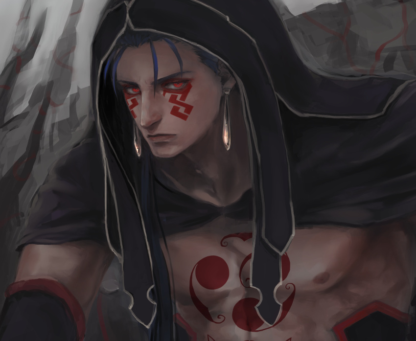 1boy blue_hair bodypaint closed_mouth cu_chulainn_(fate) cu_chulainn_alter_(fate) dark_blue_hair dark_persona detached_hood earrings facepaint fate/grand_order fate_(series) highres hood hood_up jewelry male_focus muscular muscular_male nipples pectorals red_eyes sasamura solo topless_male