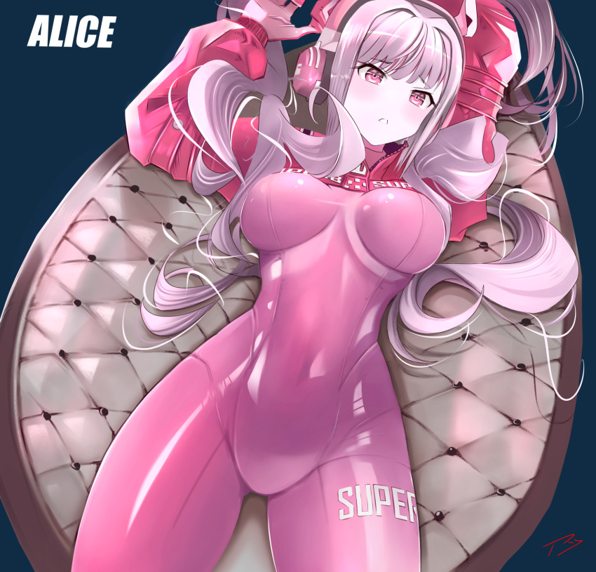 1girl alice_(nikke) animal_ear_headphones animal_ears blue_background blush bodysuit breasts breasts_apart character_name clothes_writing fake_animal_ears gloves goddess_of_victory:_nikke hair_intakes head_tilt headphones highres impossible_bodysuit impossible_clothes jacket latex latex_bodysuit legs_apart long_hair looking_at_viewer lying medium_breasts midriff monx!! no_nose on_back parted_lips pink_bodysuit pink_gloves pink_hair pink_headphones red_eyes red_jacket shiny shiny_clothes shrug_(clothing) signature skin_tight solo twintails