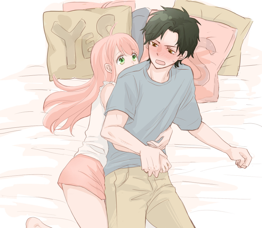 1boy 1girl aged_up ahoge anya_(spy_x_family) black_hair blush brown_eyes cuddling damian_desmond green_eyes highres hug hug_from_behind long_hair minagawa_emu pink_hair pink_shorts shorts spy_x_family sweatdrop yes-no_pillow