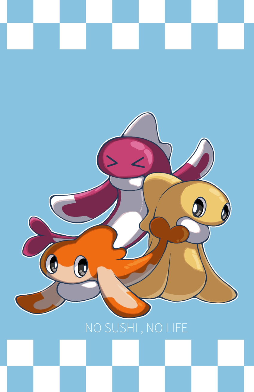 &gt;_&lt; animal_focus black_eyes blue_background bright_pupils closed_eyes commentary_request fish highres no_humans pokemon pokemon_(creature) saba_no_kanzume tatsugiri tatsugiri_(curly) tatsugiri_(droopy) tatsugiri_(stretchy) white_pupils