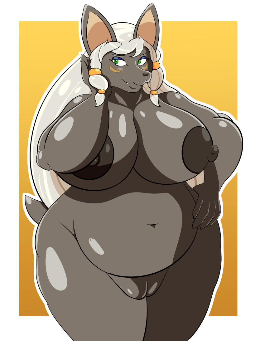absurd_res anthro anubian_jackal areola belly big_breasts breasts canid canine canis chillyspicky curvy_figure female fur green_eyes grey_body grey_fur hair hi_res jackal mammal meresankh overweight overweight_female seductive solo voluptuous wide_hips