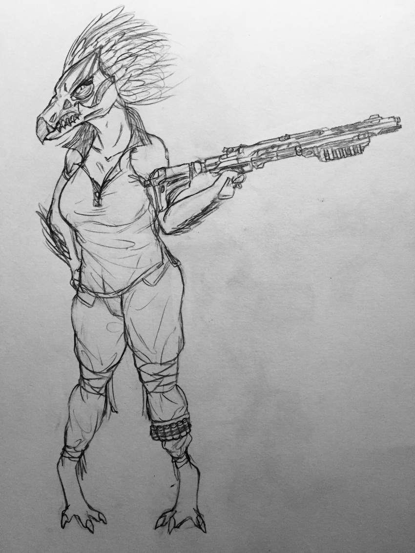 3_fingers 3_toes absurd_res alien alien_humanoid arm_tuft avian bottomwear breasts bullet_belt claws clothed clothing digitigrade fangs feathered_crest feathers feet female finger_claws fingers gun halo_(series) hand_on_hip head_crest hi_res holding_gun holding_object holding_shotgun holding_weapon humanoid kig-yar leg_wrap looking_at_viewer microsoft monochrome non-mammal_breasts pants ranged_weapon scalie shotgun sillyshroudedserpent simple_background snout solo standing t'vaoan teeth toe_claws toes tuft weapon xbox_game_studios