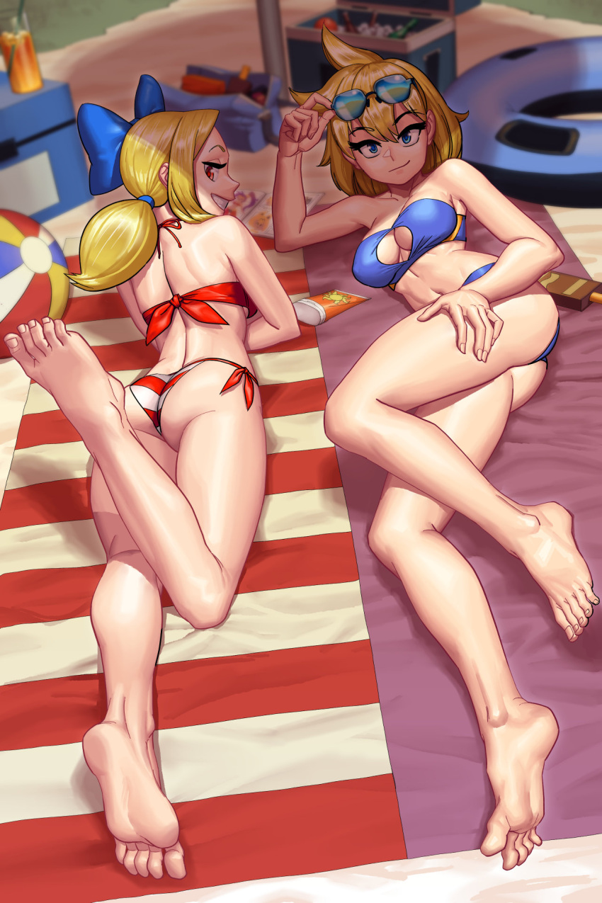 2girls ass beach_mat beach_umbrella bikini blonde_hair blue_bikini blue_eyes bow breasts cleavage cleavage_cutout clothing_cutout eyewear_on_head feet grin hair_bow highres innertube large_breasts looking_at_viewer looking_back low_twintails lying lyoung0j midriff multiple_girls navel on_stomach red_bikini red_eyes seductive_smile shantae_(series) shantae_and_the_pirate's_curse short_hair side-tie_bikini_bottom smile striped striped_bikini striped_one-piece_swimsuit swimsuit tankini the_pose twintails twitch_(shantae) umbrella vinegar_(shantae) wayforward