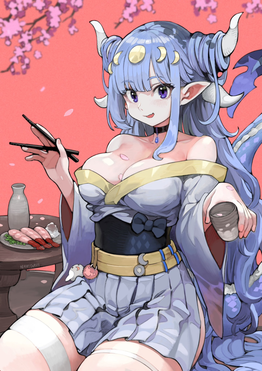 1girl bare_shoulders blue_eyes blue_hair breasts chopsticks cleavage commission cowboy_shot cup grey_kimono grey_skirt hair_ornament highres holding holding_chopsticks holding_cup horns japanese_clothes jun_(seojh1029) kimono long_hair off_shoulder original parted_lips plate pleated_skirt pointy_ears red_background shadow shrimp simple_background skeb_commission skirt smile solo very_long_hair white_horns