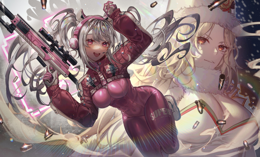 2girls :d alice_(nikke) animal_ear_headphones animal_ears blonde_hair bodysuit breasts brown_eyes bullet cleavage clothes_writing fake_animal_ears fur_hat gloves goddess_of_victory:_nikke grey_hair gun hat headphones headset highres holding holding_gun holding_weapon impossible_bodysuit impossible_clothes jacket kikan_(kikanoe) large_breasts latex latex_bodysuit leaning_forward long_hair looking_at_viewer ludmilla_(nikke) medium_breasts multicolored_clothes multicolored_gloves multiple_girls open_mouth parted_lips pink_bodysuit pink_headphones red_eyes red_jacket shrug_(clothing) skin_tight smile standing standing_on_one_leg thighs twintails ushanka weapon