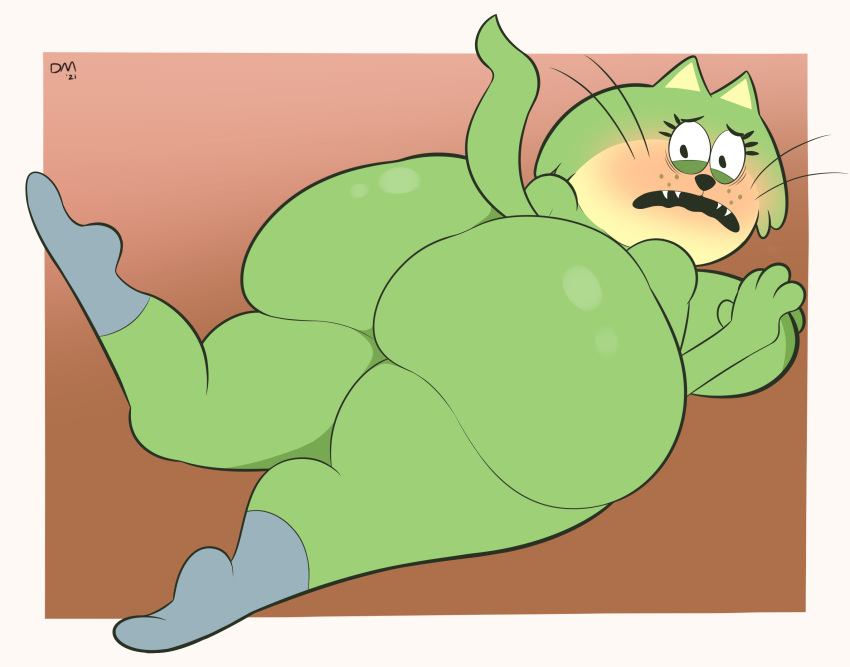 anthro big_butt blush breasts butt dm81 domestic_cat felid feline felis female hanna-barbera hi_res huge_butt jellystone_(hbo_max) looking_back lying mammal nervous nude on_back solo spook_(top_cat) top_cat_(series)