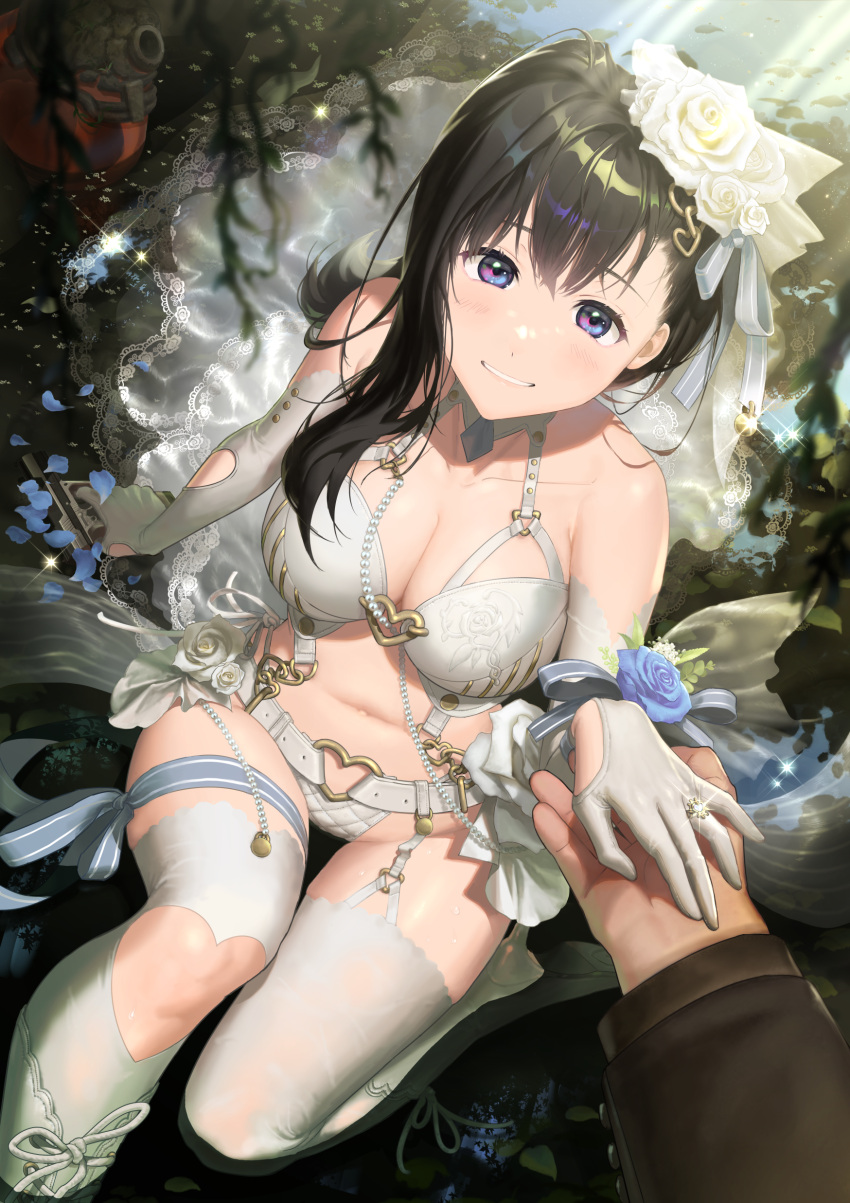 1boy 1girl absurdres alternate_costume bangs bare_shoulders belt bikini black_hair blue_flower blue_rose blush boots breasts cleavage clothing_cutout collarbone commander_(nikke) commentary_request cross-laced_footwear dress elbow_gloves flower garter_belt glint gloves goddess_of_victory:_nikke goldcorn gun hair_between_eyes hair_flower hair_ornament heart heart_cutout heart_hair_ornament high_heel_boots high_heels highres holding holding_gun holding_hands holding_weapon jewelry korean_commentary lace-up_boots large_breasts light_rays long_hair looking_at_viewer marian_(nikke) mixed-language_commentary navel parted_lips pov pov_hands purple_eyes ribbon ring rose see-through single_sidelock sitting skindentation smile solo_focus stomach swimsuit thigh_boots thighhighs waist_cape weapon wedding_dress wedding_ring white_belt white_bikini white_flower white_footwear white_gloves white_rose white_thighhighs wrist_ribbon