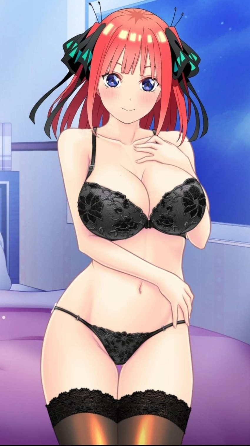 1girl bed black_bra black_panties black_thighhighs blue_eyes blush bra breasts butterfly_hair_ornament flower_bra flower_panties go-toubun_no_hanayome hair_ornament hair_ribbon hand_on_own_chest hand_on_own_stomach highres large_breasts lingerie looking_at_viewer nakano_nino navel non-web_source panties pink_hair ribbon short_hair smile thighhighs underwear
