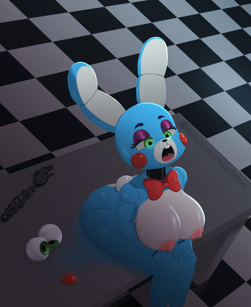 a_z_artist animatronic anthro areola big_breasts black_background blue_body bow_tie breasts buckteeth checkered_background checkered_floor cotton_tail crossgender eyelashes eyeshadow female five_nights_at_freddy's five_nights_at_freddy's_2 green_eyes hi_res huge_breasts lagomorph leporid machine makeup mammal nipples nude open_mouth pattern_background pink_areola pink_nipples purple_eyeshadow rabbit robot rosy_cheeks scottgames simple_background sitting solo teeth thick_thighs toy_bonnie_(fnaf) white_background white_body wide_hips