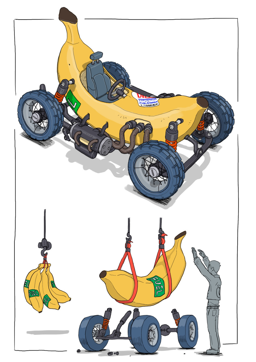 1boy absurdres banana bolt commentary_request engine food fruit gatling_santouhei gloves ground_vehicle highres hook machine mechanic motor_vehicle nut_(hardware) original race_vehicle screw solo steering_wheel wheel