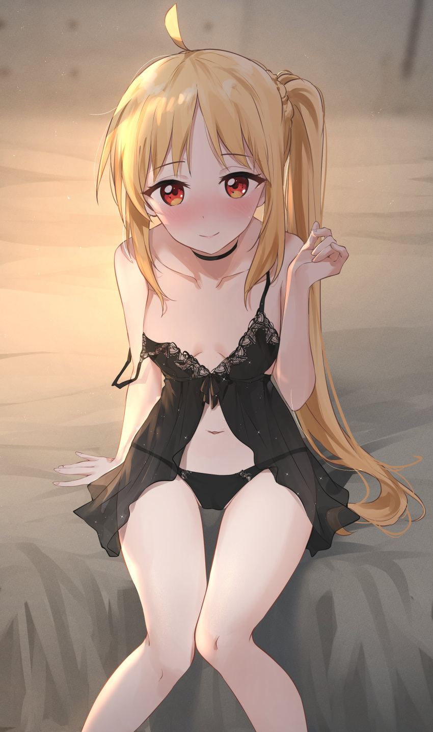 1girl absurdres ahoge arm_support babydoll bare_arms bare_legs bare_shoulders black_babydoll black_choker black_panties blonde_hair blush bocchi_the_rock! breasts choker closed_mouth collarbone embarrassed feet_out_of_frame feint721 hand_up highres ijichi_nijika long_hair looking_at_viewer navel panties red_eyes see-through side_ponytail sitting small_breasts smile solo spaghetti_strap stomach strap_slip string_panties thighs underwear underwear_only very_long_hair