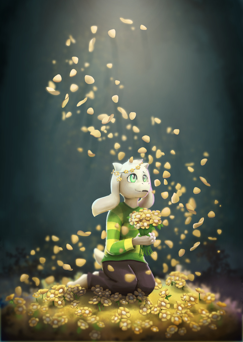 2020 absurd_res anthro asriel_dreemurr boss_monster bottomwear bouquet bovid caprine child clothing detailed_background digital_media_(artwork) digital_painting_(artwork) floppy_ears flower flower_bouquet flower_crown fur green_clothing green_eyes green_shirt green_topwear hi_res holding_flower holding_object horn kneeling long_ears long_sleeves looking_up male mammal mintychipart open_mouth pants pattern_clothing pattern_shirt pattern_topwear petals plant plantigrade scut_tail shaded shirt short_tail solo striped_clothing striped_shirt striped_topwear stripes tail topwear undertale undertale_(series) white_body white_fur yellow_clothing yellow_shirt yellow_topwear young