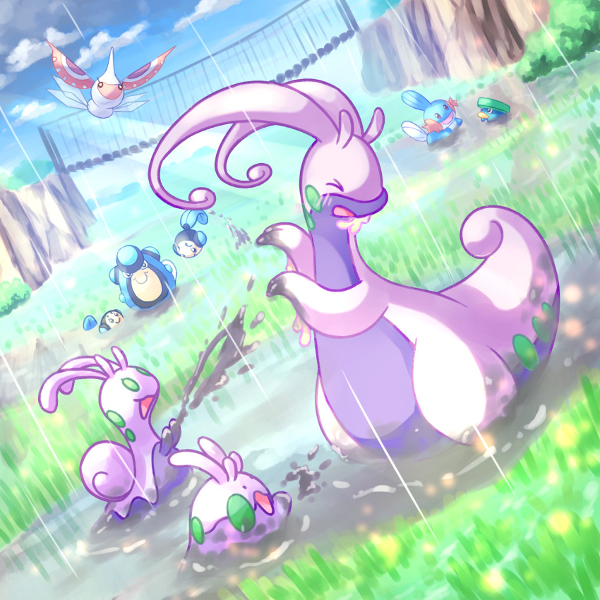 &gt;_&lt; :d bridge closed_eyes commentary_request day goodra goomy grass green_eyes highres lotad masquerain mud mudkip no_humans open_mouth outdoors palpitoad pokemon pokemon_(creature) putto rain sliggoo smile splashing tympole