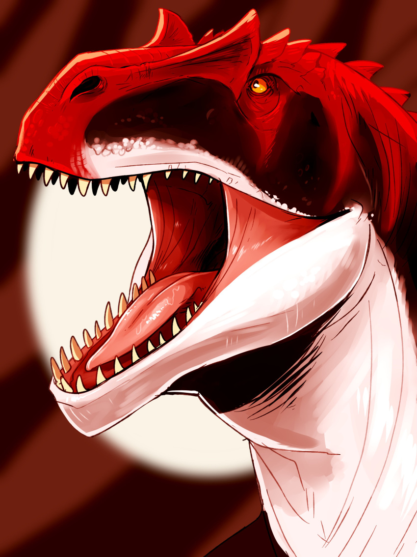 3:4 absurd_res ambiguous_gender black_body dinosaur feral glistening glistening_eyes head_spikes hi_res imperatorcaesar looking_up mouth_shot no_sclera open_mouth orange_eyes red_body red_tongue reptile scalie simple_background solo spikes spikes_(anatomy) tongue unsigned white_body yellow_teeth