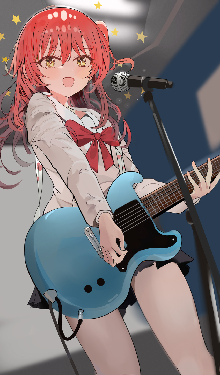 1girl bangs blush bocchi_the_rock! bow guitar hair_between_eyes highres holding holding_instrument indoors instrument kita_ikuyo long_hair long_sleeves looking_at_viewer microphone music one_side_up open_mouth pjkka pleated_skirt red_bow red_hair school_uniform skirt smile solo standing star_(symbol) yellow_eyes