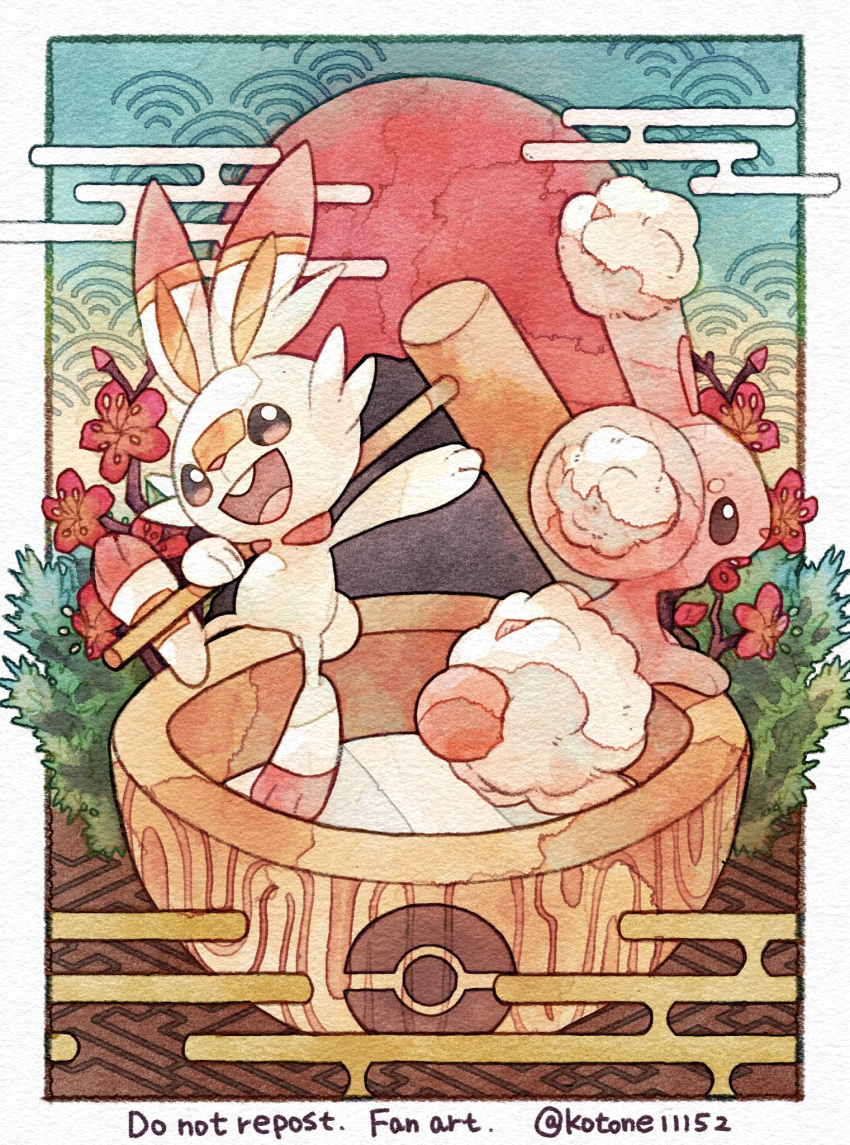 :d border bowl brown_eyes buneary commentary_request flower highres holding kotone11152 no_humans open_mouth poke_ball_print pokemon pokemon_(creature) scorbunny smile tongue traditional_media twitter_username white_border
